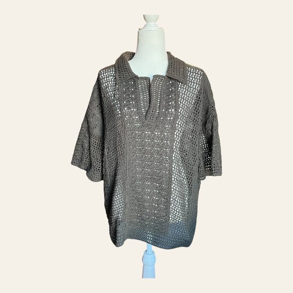 ZARA Collared Crochet Open Knit Polo Top Charcoal Boho Resort Layering L Preppy - Picture 2 of 7